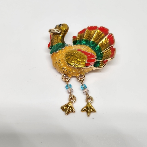 Turkey Brooch Pin Pendant Enamel Thanksgiving Fall Gold Tone Beaded Legs New - Picture 2 of 6